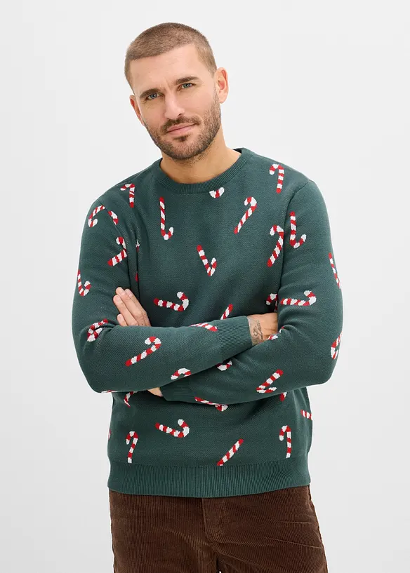 Feinstrickpullover mit Weihnachtsmotiv in petrol von vorne (im Anschnitt) - bonprix