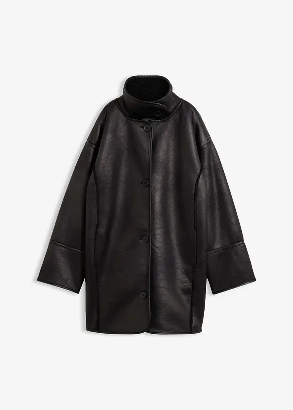Oversized Lammfellimitat-Jacke in schwarz von vorne - bonprix Oversized Lammfellimitat-Jacke in schwarz von vorne - bonprix