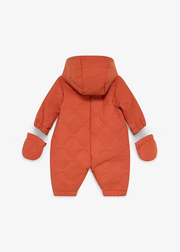 Wattierter Baby Overall mit abknöpfbaren Handschuhen in braun von hinten - bonprix
