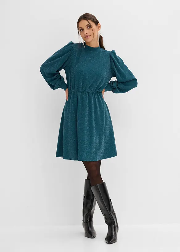 Glitzerkleid aus fester Interlock-Qualität in petrol von vorne (Totalaufnahme) - bonprix
