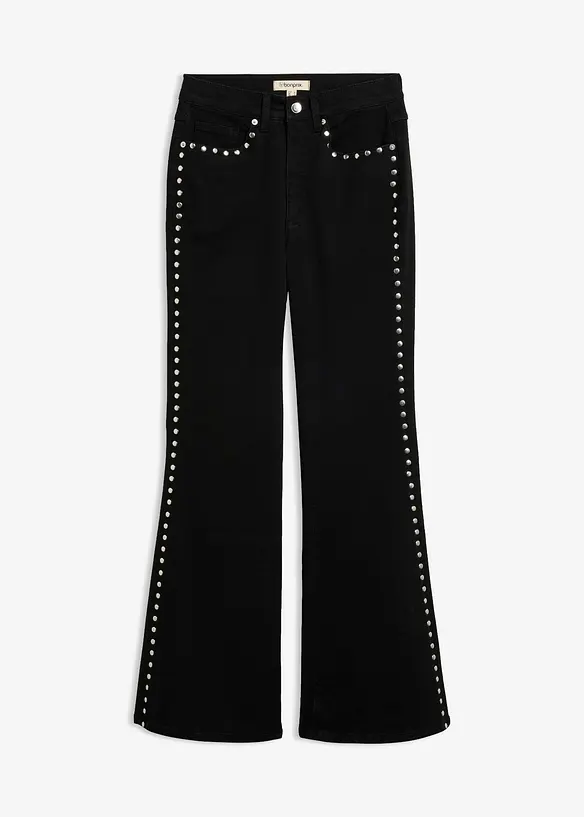 Flared-Jeans High Waist mit Nietenbesatz in schwarz von vorne - bonprix