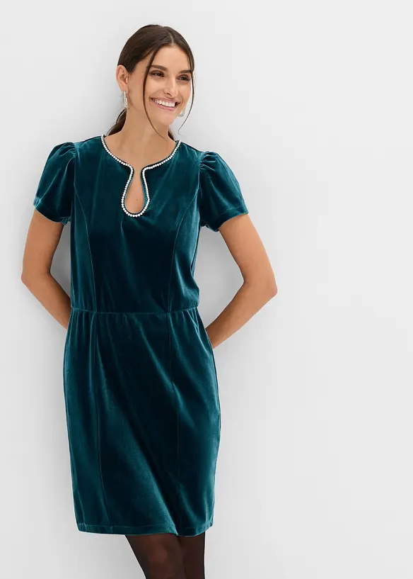 Kleid mit Strassverzierung in petrol von vorne (Totalaufnahme) - bonprix Kleid mit Strassverzierung in petrol von vorne (Totalaufnahme) - bonprix