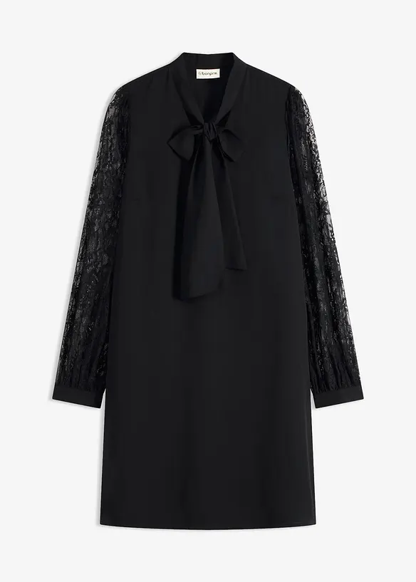 Blusenkleid mit Spitzenärmel in schwarz von vorne - bonprix