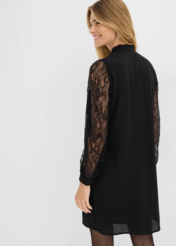 Blusenkleid mit Spitzenärmel in schwarz von hinten (Totalaufnahme) - bonprix