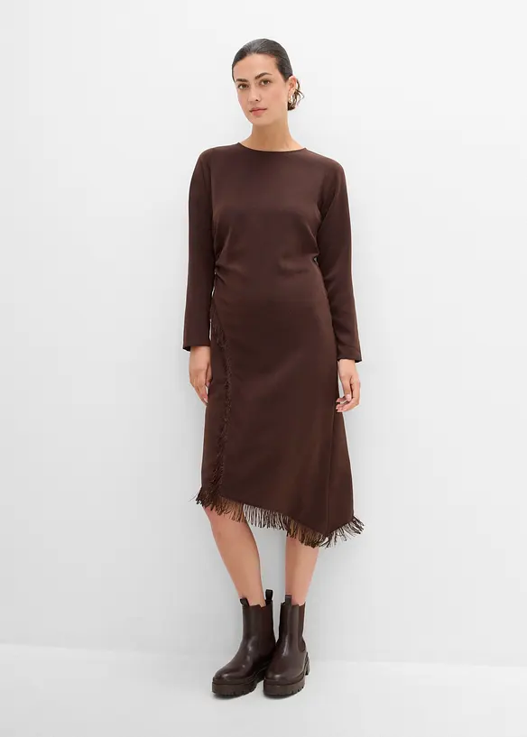 Asymmetrisches Midikleid mit Fransen in braun von vorne (Totalaufnahme) - bonprix