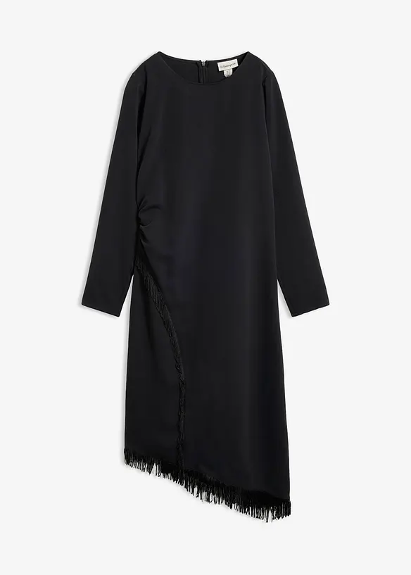Asymmetrisches Midikleid mit Fransen in schwarz von vorne - bonprix