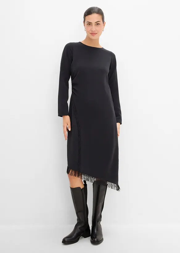 Asymmetrisches Midikleid mit Fransen in schwarz von vorne (Totalaufnahme) - bonprix