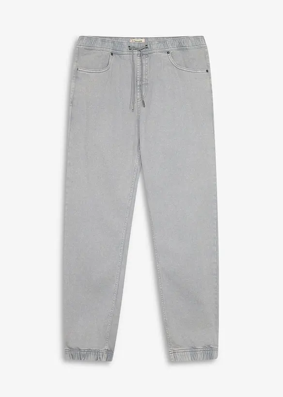 Relaxed-Fit Schlupfhose aus reinem Baumwoll-Twill, Tapered in grau von vorne - bonprix