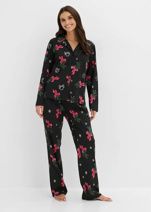 Pyjama aus reiner Baumwolle mit Geschenktasche in schwarz von vorne (Totalaufnahme) - bonprix