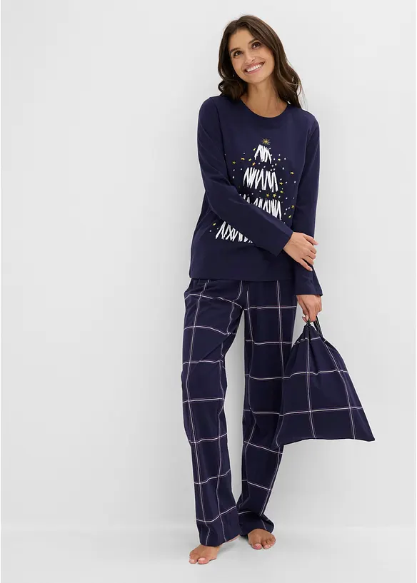 Pyjama aus weicher Baumwolle  mit Geschenktasche in blau im Look von vorne (Totalaufnahme) - bonprix