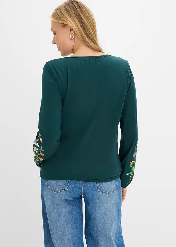 Langarmshirt aus Bio-Baumwoll-Stretch in grün von hinten (im Anschnitt) - bonprix