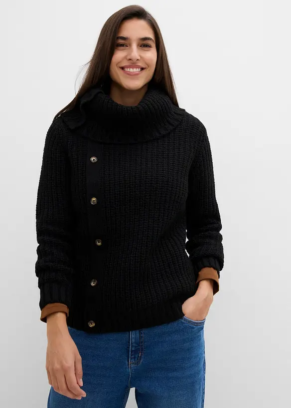 Pullover mit Knopfleiste in schwarz von vorne (im Anschnitt) - bonprix