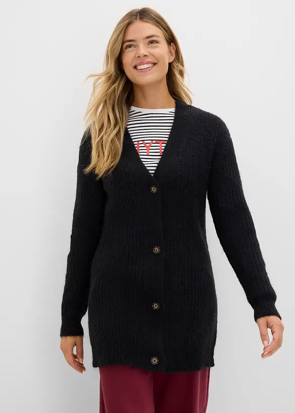 Grobstrickjacke aus weichem Wollmix in schwarz von vorne (im Anschnitt) - bonprix Grobstrickjacke aus weichem Wollmix in schwarz von vorne (im Anschnitt) - bonprix