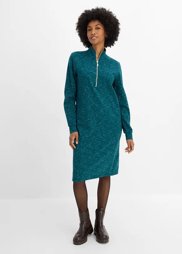 Sweatkleid mit Troyer in petrol von vorne (Totalaufnahme) - bonprix