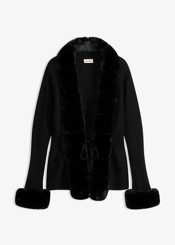 Strickjacke mit abnehmbarem Fellimitat in schwarz von vorne - bonprix