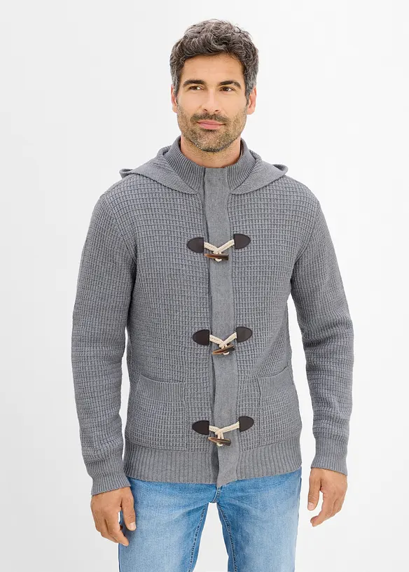 Grobstrickjacke mit Kapuze in grau von vorne (im Anschnitt) - bonprix