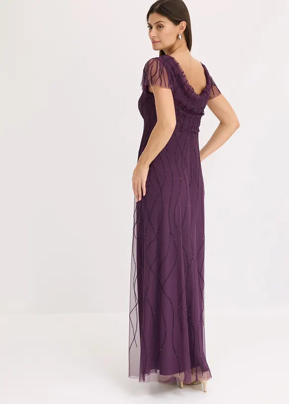 Maxikleid aus zartem Tüll mit Perlenstickerei in lila von hinten (Totalaufnahme) - bonprix