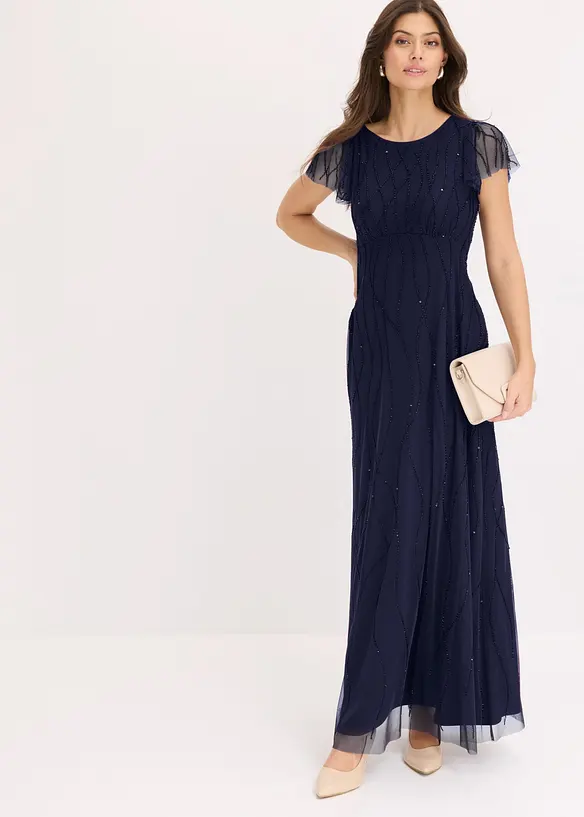 Maxikleid aus zartem Tüll mit Perlenstickerei in blau von vorne (Totalaufnahme) - bonprix Maxikleid aus zartem Tüll mit Perlenstickerei in blau von vorne (Totalaufnahme) - bonprix