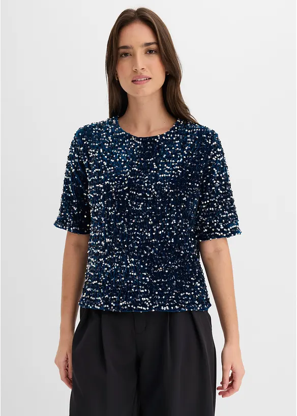 Pailletten-Shirt aus softem Samt in petrol von vorne (im Anschnitt) - bonprix Pailletten-Shirt aus softem Samt in petrol von vorne (im Anschnitt) - bonprix