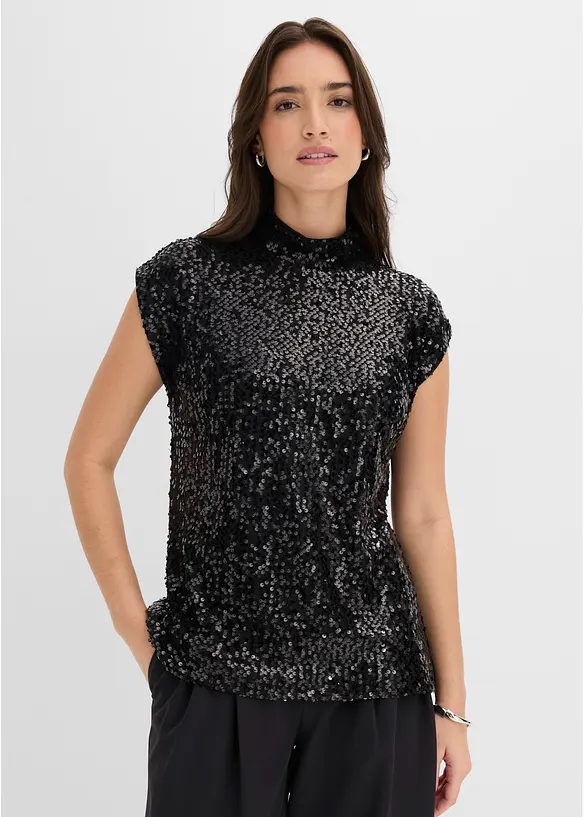 Hochgeschlossenes Pailletten-Top in schwarz von vorne (im Anschnitt) - bonprix Hochgeschlossenes Pailletten-Top in schwarz von vorne (im Anschnitt) - bonprix