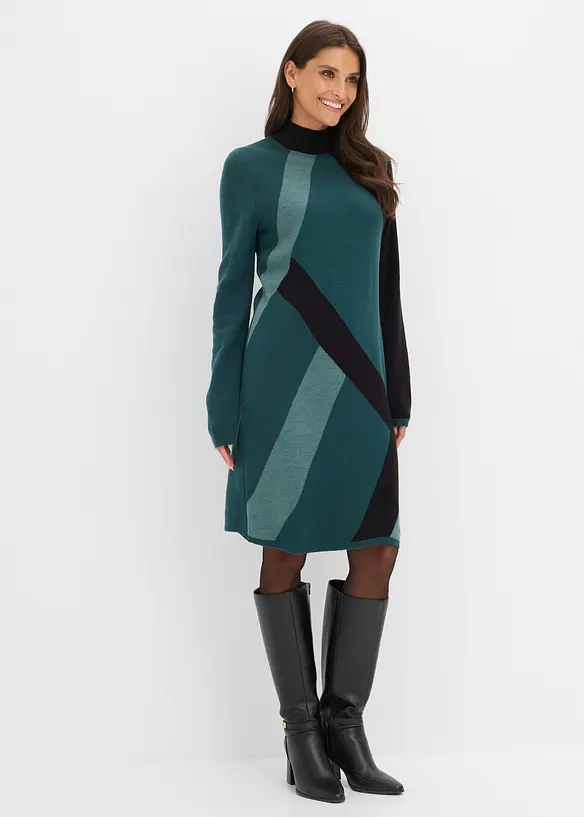 Jacquard-Strickkleid mit modernen Streifen in petrol von vorne (Totalaufnahme) - bonprix Jacquard-Strickkleid mit modernen Streifen in petrol von vorne (Totalaufnahme) - bonprix