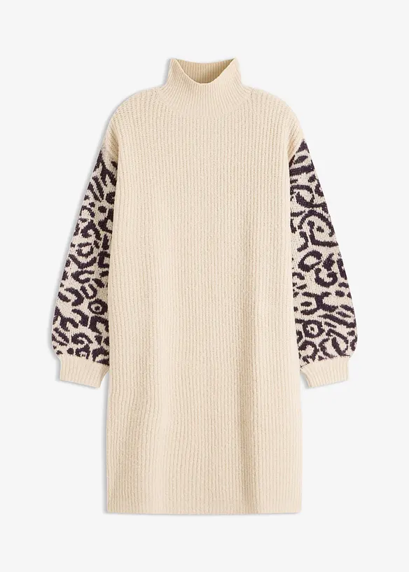 Oversized Strickkleid mit Leomuster in beige von vorne - bonprix