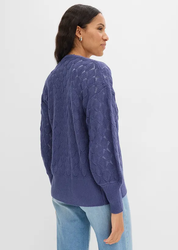 Ajour-Strickjacke mit Pufferärmel in blau von hinten (im Anschnitt) - bonprix Ajour-Strickjacke mit Pufferärmel in blau von hinten (im Anschnitt) - bonprix
