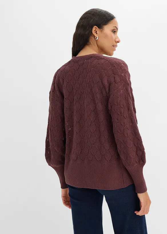 Ajour-Strickjacke mit Pufferärmel in lila von hinten (im Anschnitt) - bonprix Ajour-Strickjacke mit Pufferärmel in lila von hinten (im Anschnitt) - bonprix