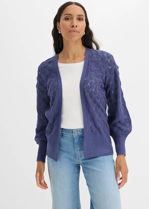 Ajour-Strickjacke mit Pufferärmel in blau von vorne (im Anschnitt) - bonprix Ajour-Strickjacke mit Pufferärmel in blau von vorne (im Anschnitt) - bonprix