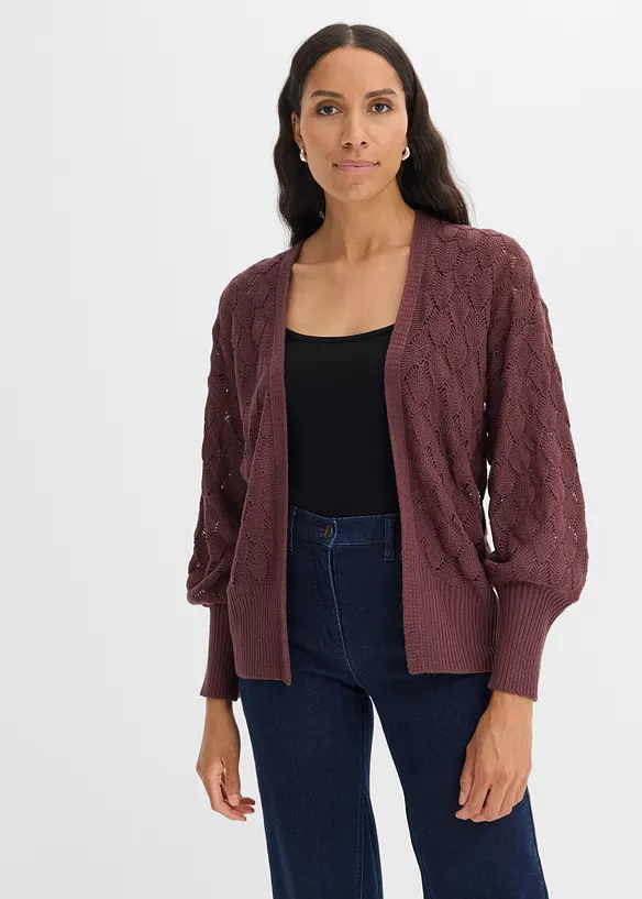 Ajour-Strickjacke mit Pufferärmel in lila von vorne (im Anschnitt) - bonprix Ajour-Strickjacke mit Pufferärmel in lila von vorne (im Anschnitt) - bonprix