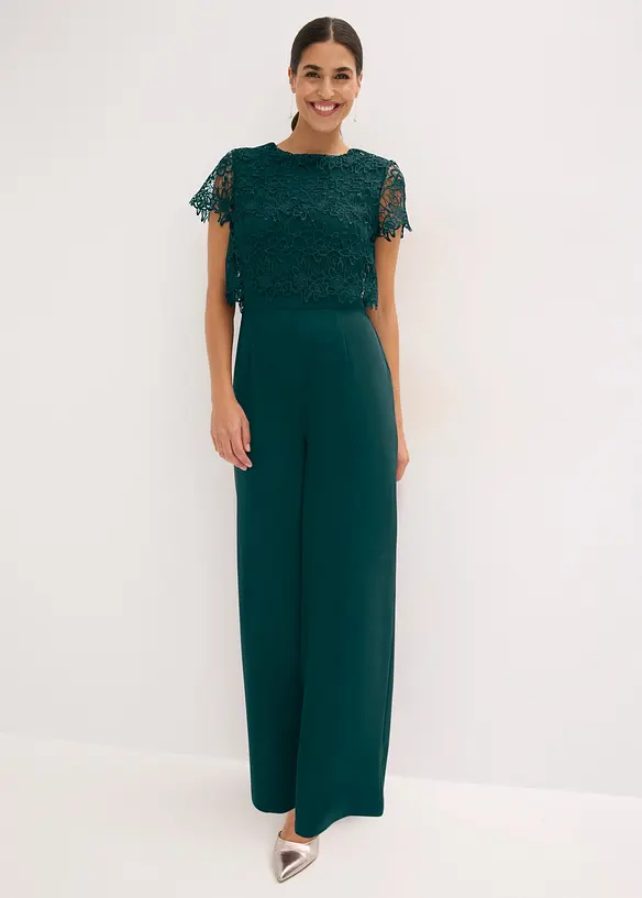 Jumpsuit aus softem Scuba mit Spitze in grün von vorne (Totalaufnahme) - bonprix
