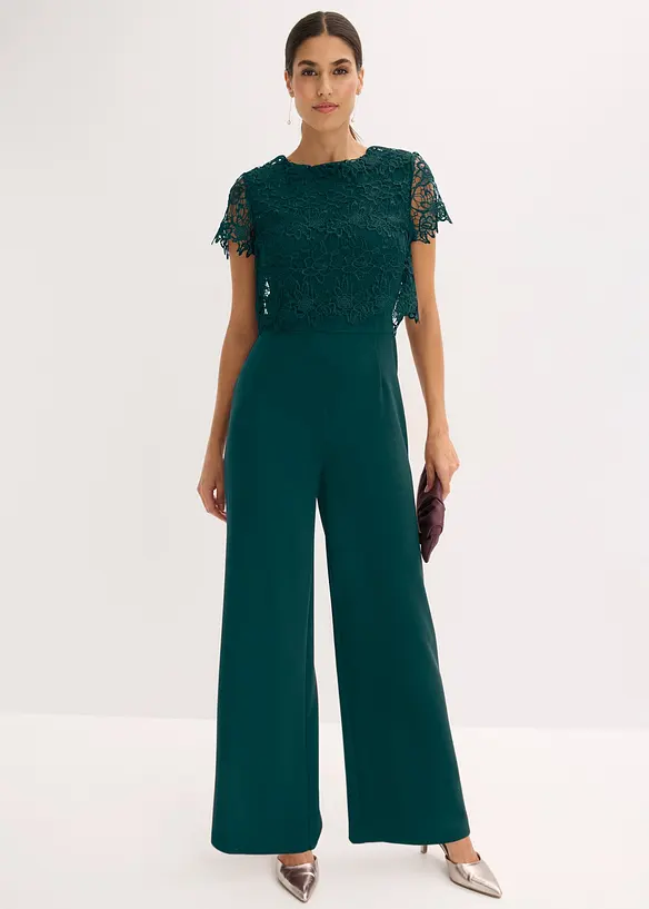 Jumpsuit aus softem Scuba mit Spitze in grün im Look von vorne (Totalaufnahme) - bonprix