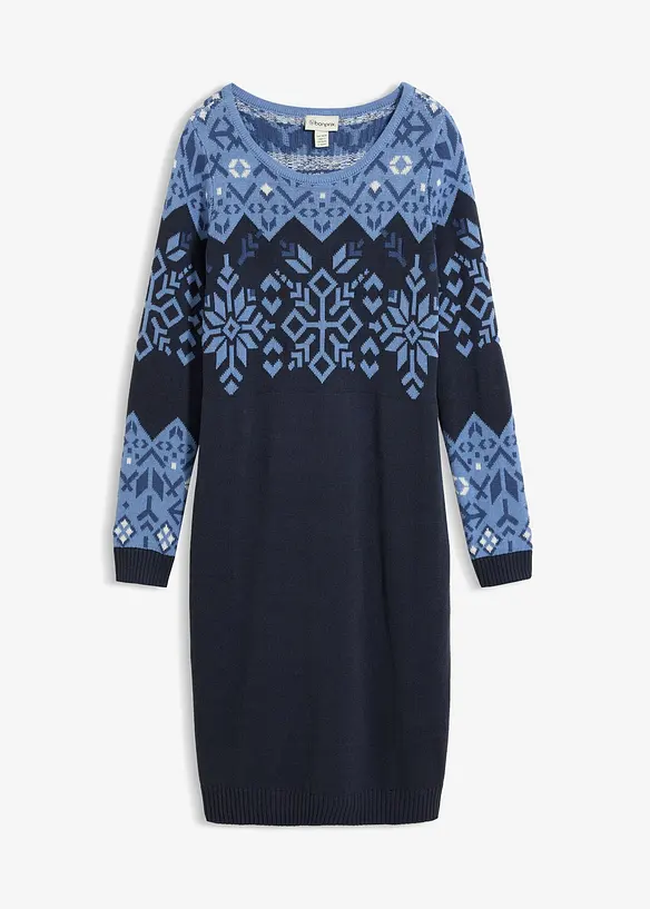 Strickkleid mit Norwegermuster aus Baumwoll-Mix in blau von vorne - bonprix