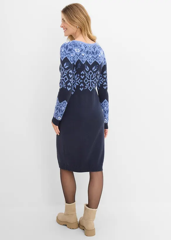 Strickkleid mit Norwegermuster aus Baumwoll-Mix in blau von hinten (Totalaufnahme) - bonprix