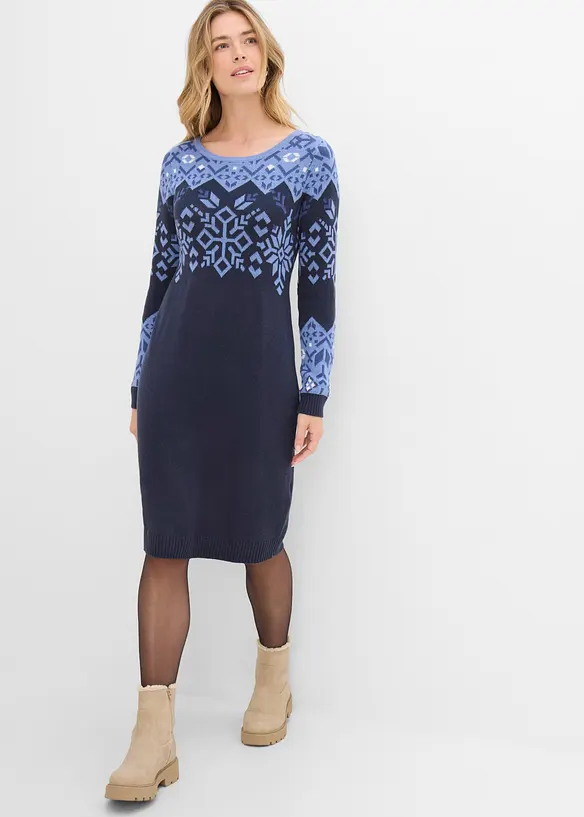 Strickkleid mit Norwegermuster aus Baumwoll-Mix in blau von vorne (Totalaufnahme) - bonprix