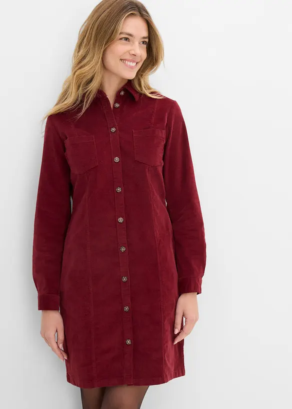 Cord-Hemdblusenkleid aus Baumwoll-Mix in rot von vorne (Totalaufnahme) - bonprix