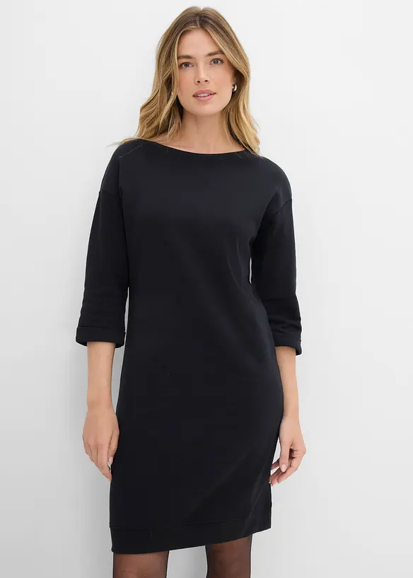 Sweatkleid, 3/4-Arm, innen weich angeraut in schwarz von vorne (Totalaufnahme) - bonprix Sweatkleid, 3/4-Arm, innen weich angeraut in schwarz von vorne (Totalaufnahme) - bonprix