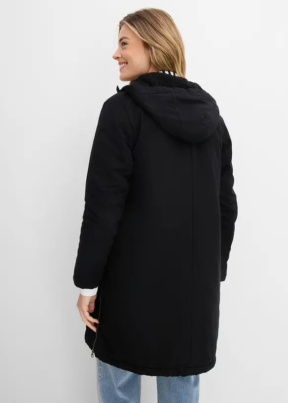 warm wattierter Winterparka mit Teddyfutter in Kapuze in schwarz von hinten (Totalaufnahme) - bonprix