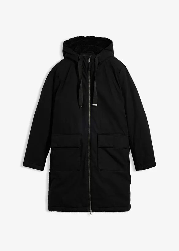 warm wattierter Winterparka mit Teddyfutter in Kapuze in schwarz von vorne - bonprix