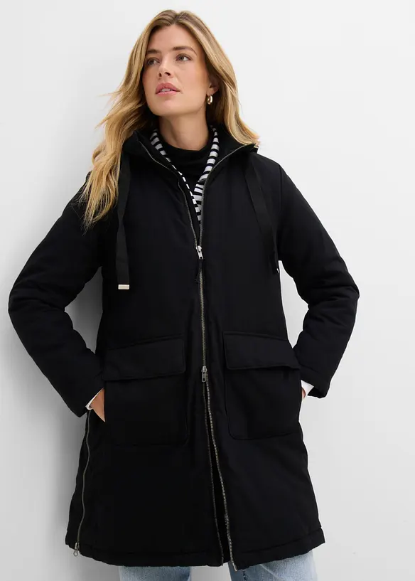 warm wattierter Winterparka mit Teddyfutter in Kapuze in schwarz von vorne (Totalaufnahme) - bonprix