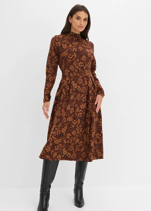 Jerseykleid mir Druck, langarm in braun von vorne (Totalaufnahme) - bonprix Jerseykleid mir Druck, langarm in braun von vorne (Totalaufnahme) - bonprix
