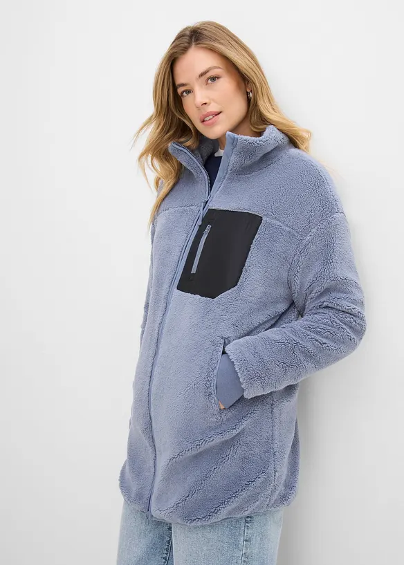 Teddy-Fleece-Jacke in blau von vorne (im Anschnitt) - bonprix