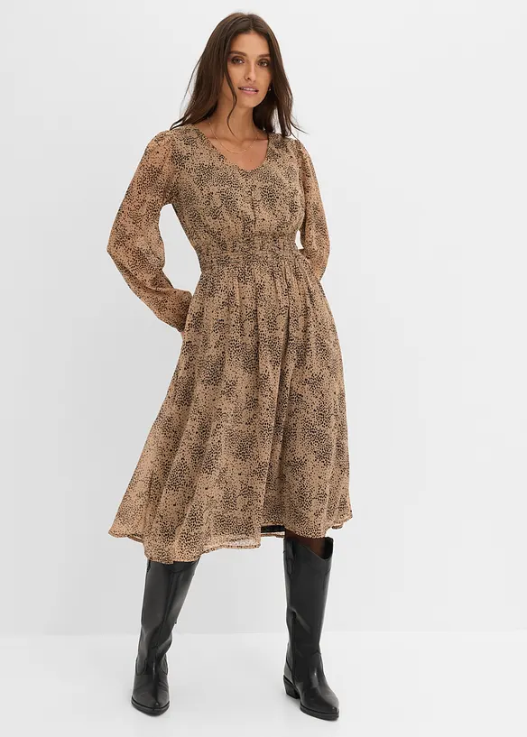 Chiffonkleid mit elastischem Bund in braun von vorne (Totalaufnahme) - bonprix