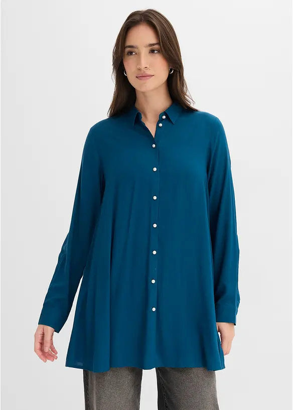 Longbluse aus reiner Viskose in petrol von vorne (im Anschnitt) - bonprix