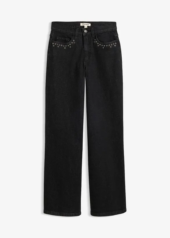 Wide-Leg-Jeans, High Waist mit Nietenbesatz in schwarz von vorne - bonprix