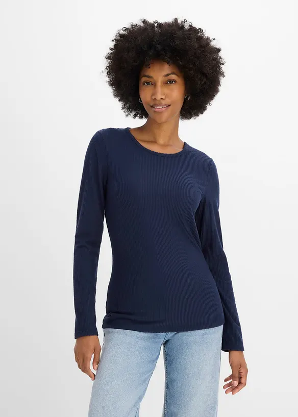 Geripptes Thermoshirt in blau von vorne (im Anschnitt) - bonprix