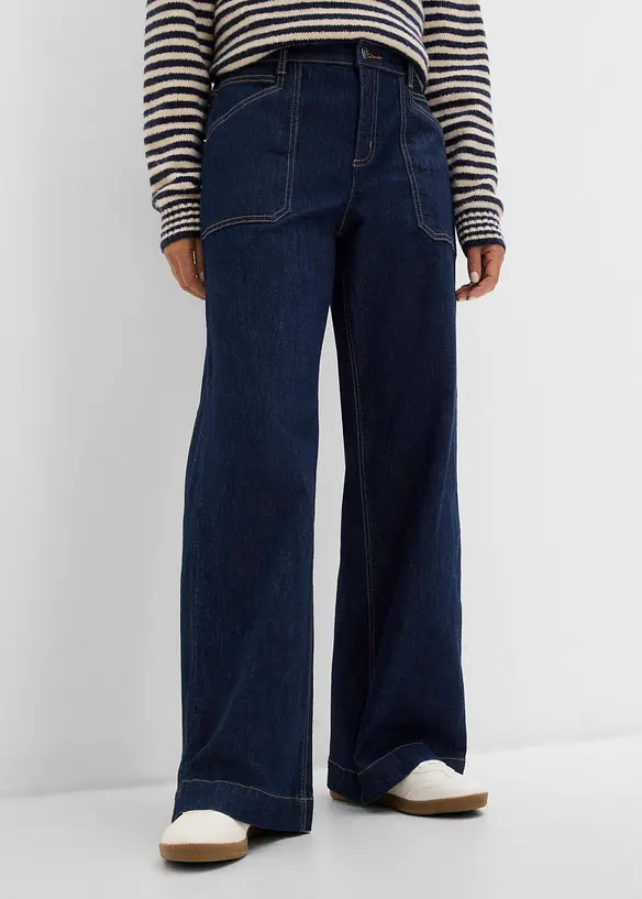 Wide-Leg-Jeans Mid Waist mit aufgesetzten Taschen in blau von vorne - bonprix