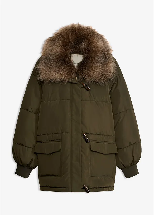Puffer-Jacket mit abnehmbarem Kunstfellkragen in grün von vorne - bonprix