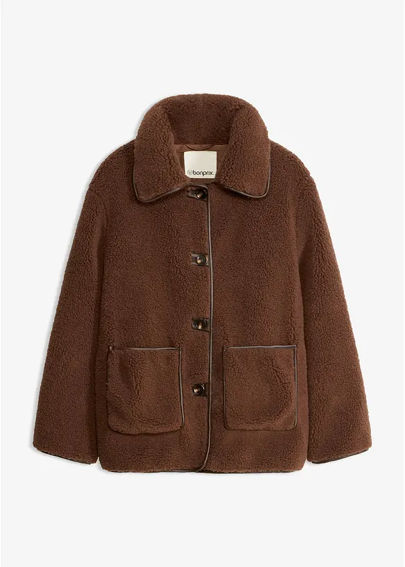 Jacke aus Teddyfell mit aufgesetzten Taschen in braun von vorne - bonprix