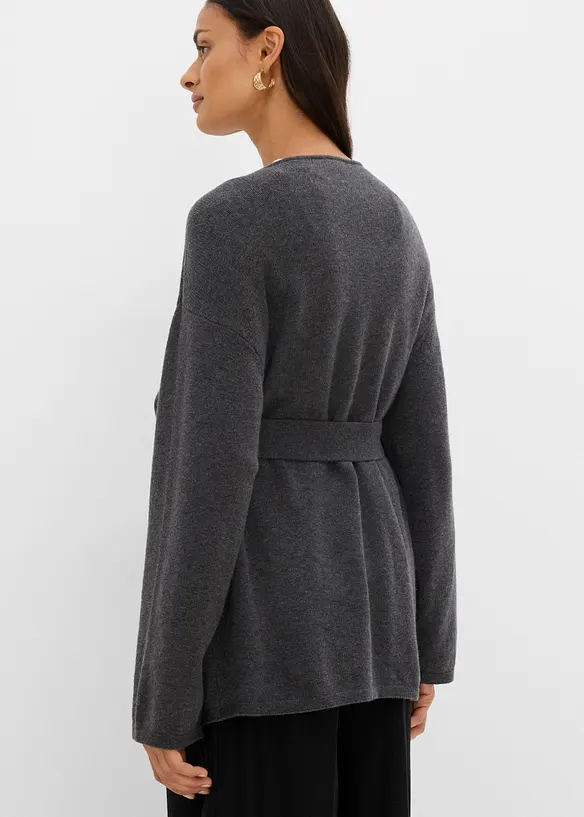 Strickjacke mit Bindegürtel in grau von hinten (im Anschnitt) - bonprix